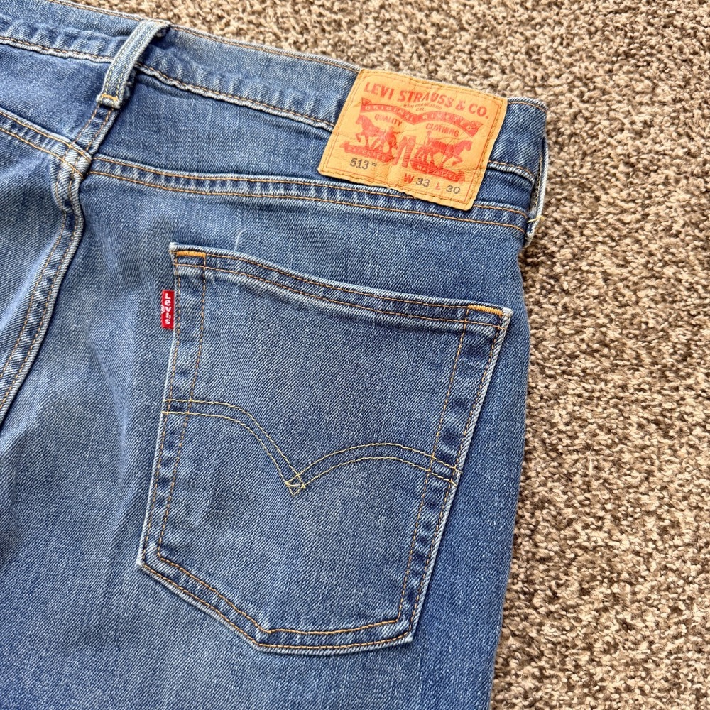 Levi's 513 Slim Straight Jeans Men's 33x30 Blue Faded Whiskered Western Stretch
